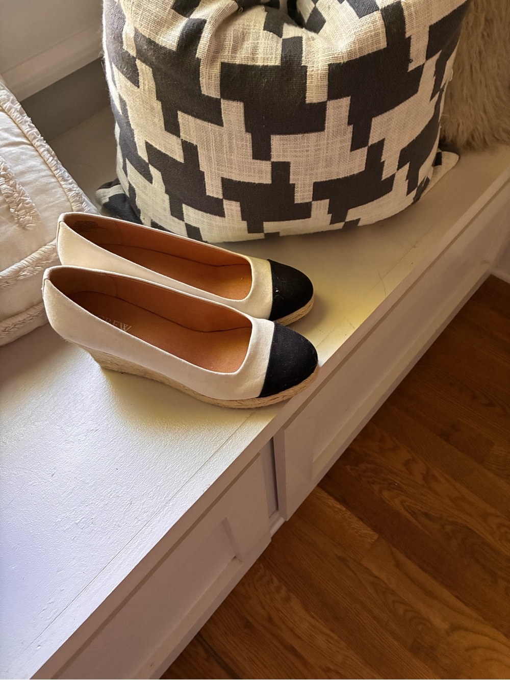 J. Crew Cream and Black Espadrille Wedge Pumps